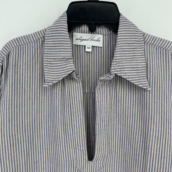 Abigail Heche Striped Collared Linen Shirt Dress With Pockets Size Medium - Picture 2 of 4